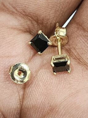 Gold Square Black Stone Stud Earrings